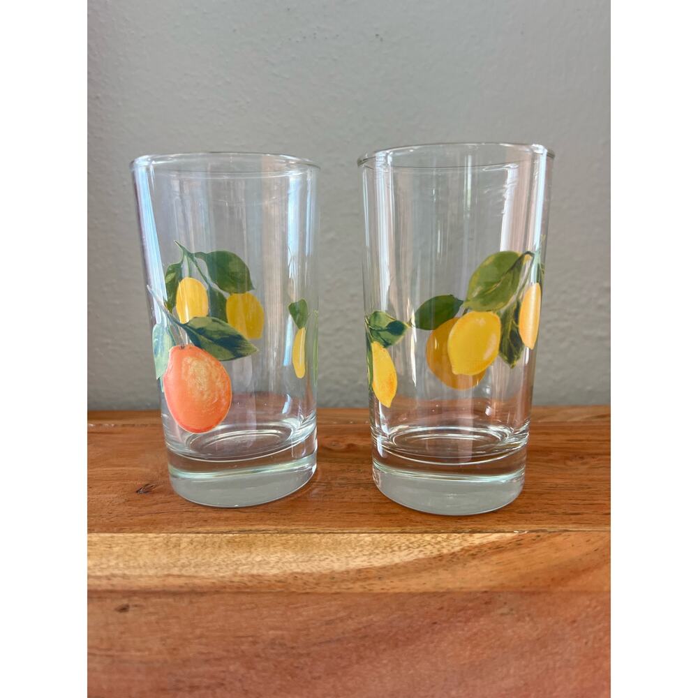 Set of 2 Vintage Fruit Juice Glasses Oranges Yellow Lemon Retro Mid Century